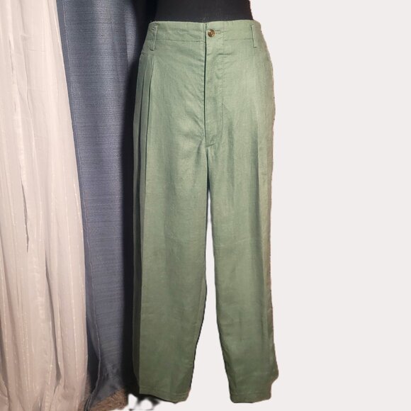 INDEX Linen Women's Wide Leg High-Waisted Pleated Sage Ankle Pant - Size 33/27 - Picture 2 of 15